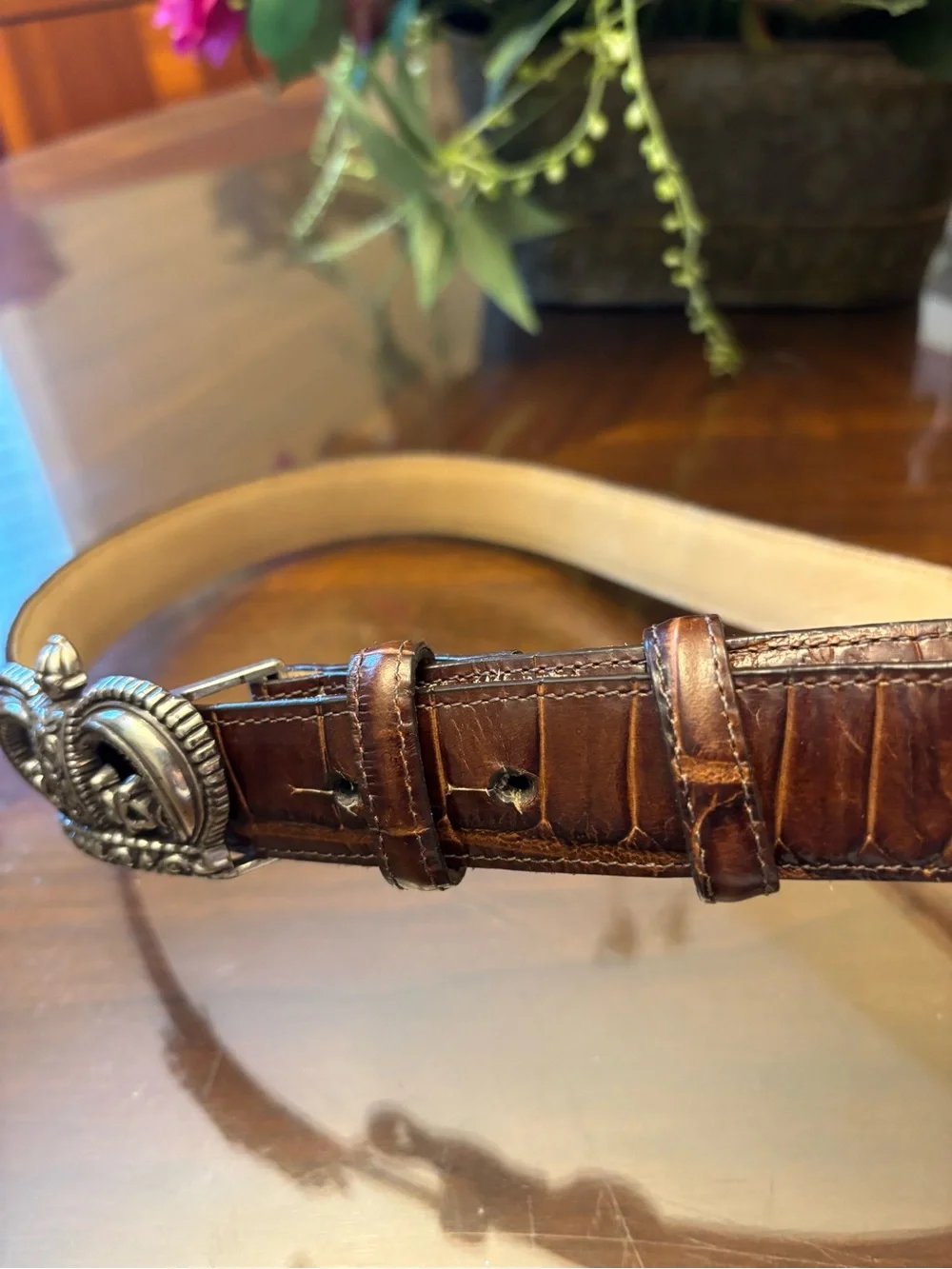 Brighton Brown Leather Belt with Silver Crown Buckle